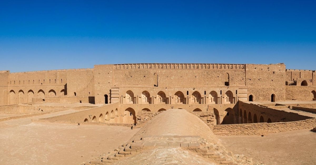 huge Fortress built in 775 AD with blue sky contrasting earthen tones in the desert of Iraq