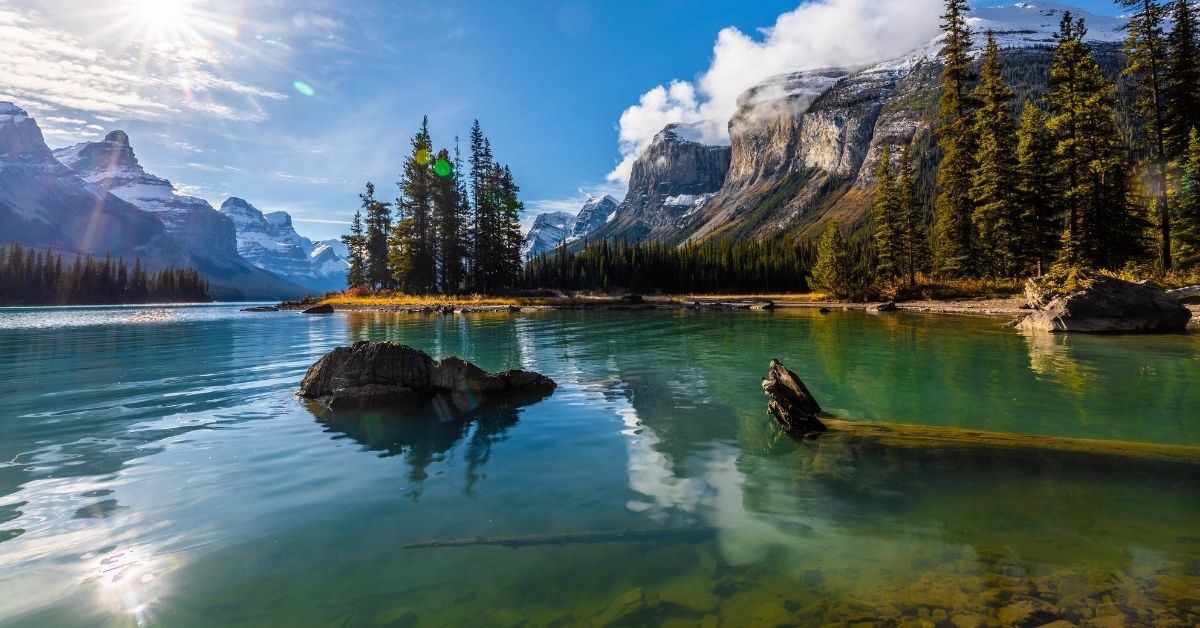 snow covered mountains and landscape of Banff National Park viewed from Mirror Lake