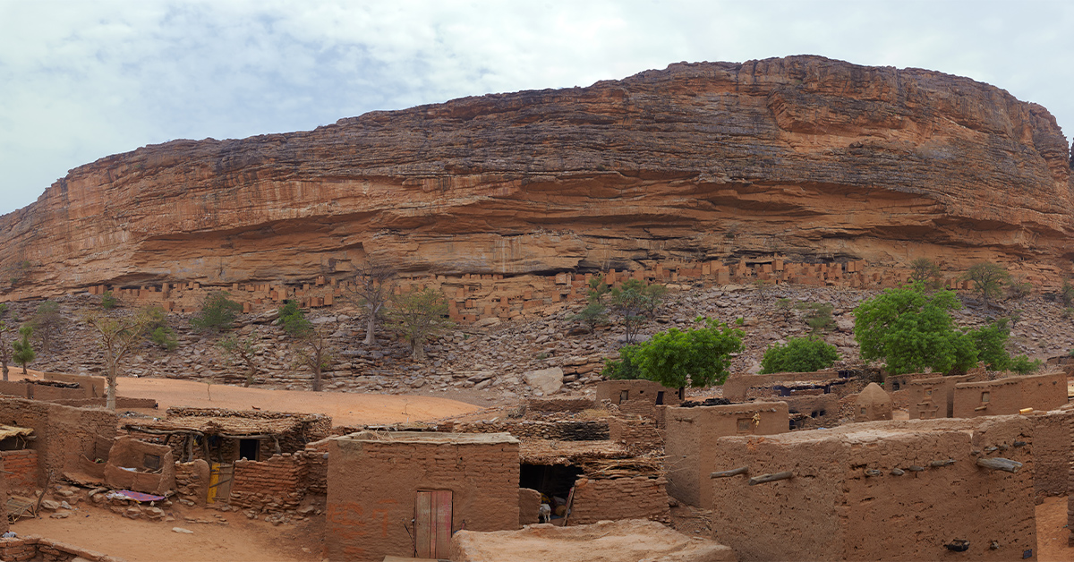 In Africa, a red Cliffs of Bandiagara with Dogon village in Mali