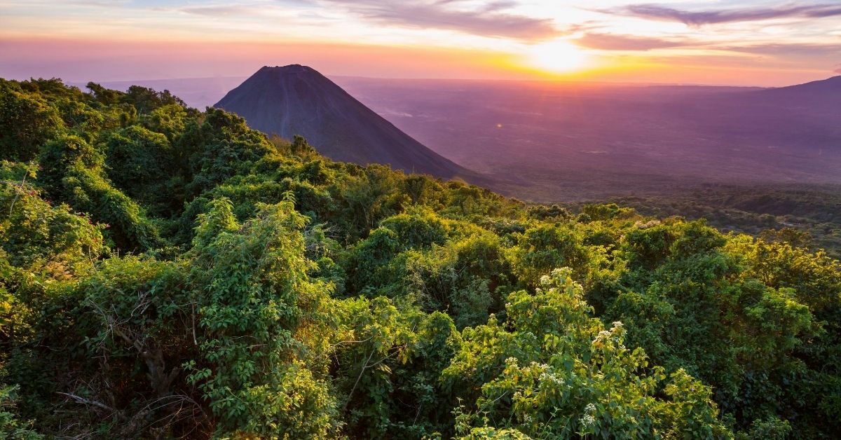 sunset overy valley with volcano and jungle at Cerro Verde National Park in El Salvador