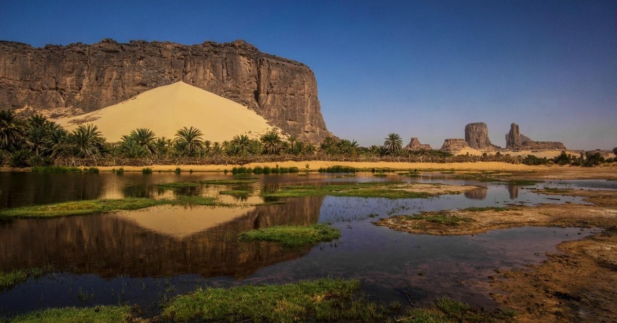 rock formations and palm trees at Anoa Oasis in Chad, Central Africa