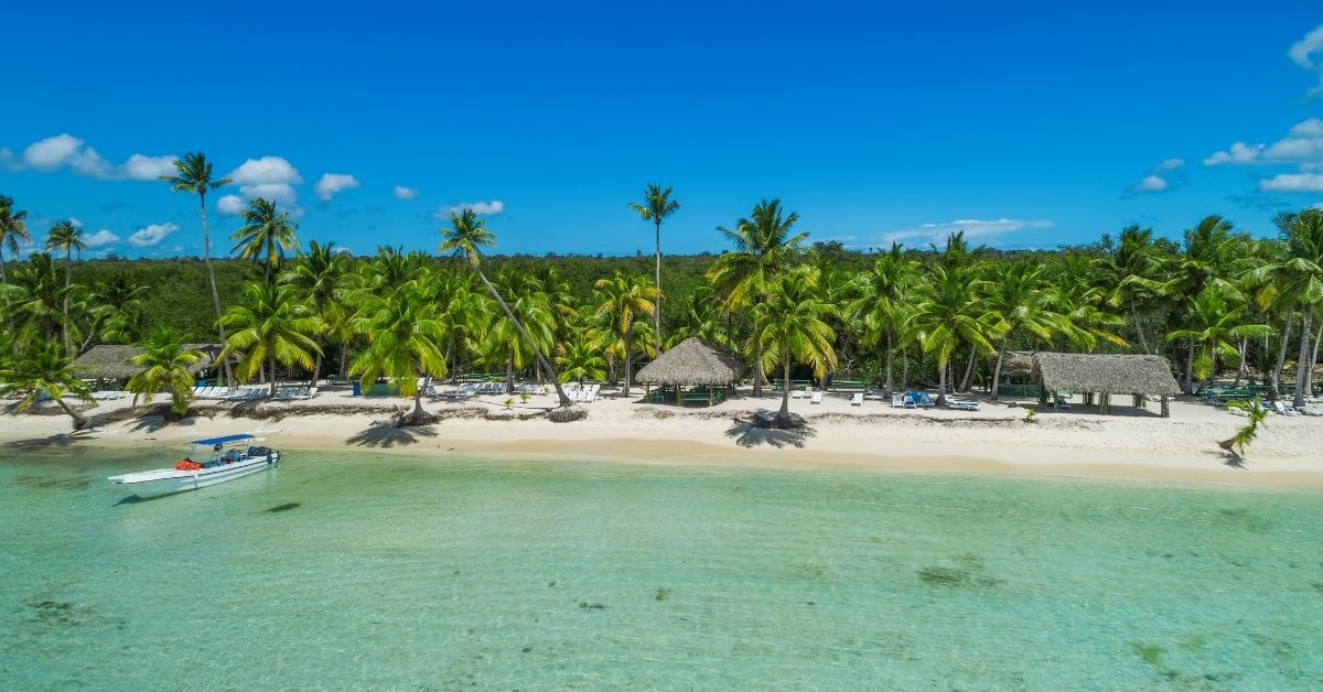 palm trees and beach with boat in Dominican Republic
