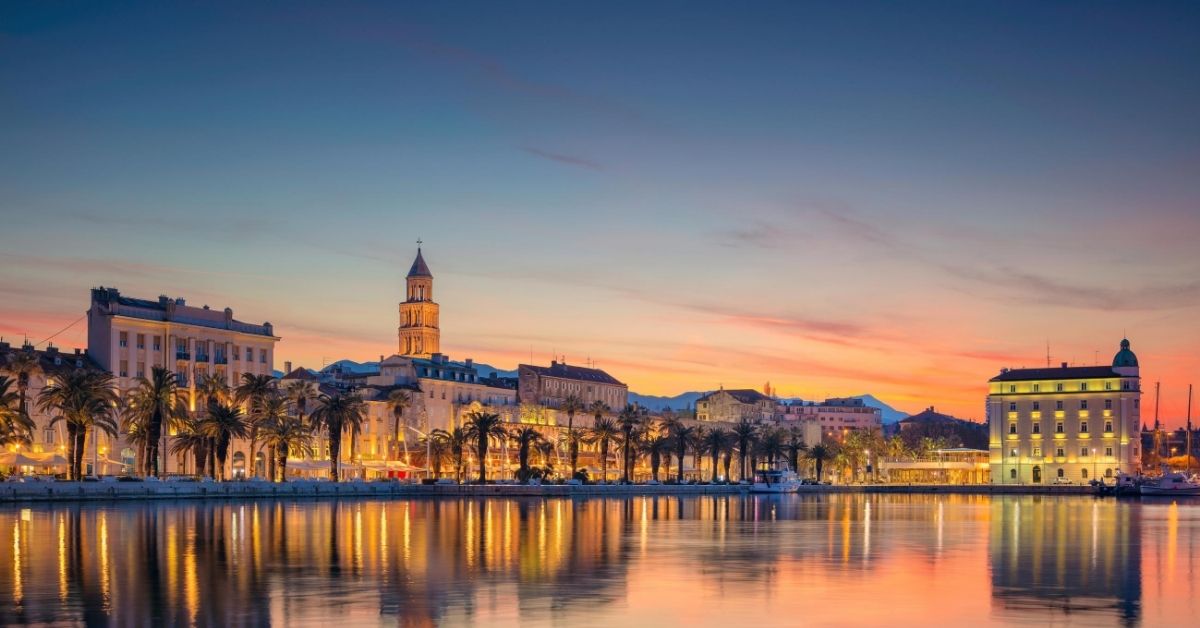 Split, Croatia skyline and river at dusk