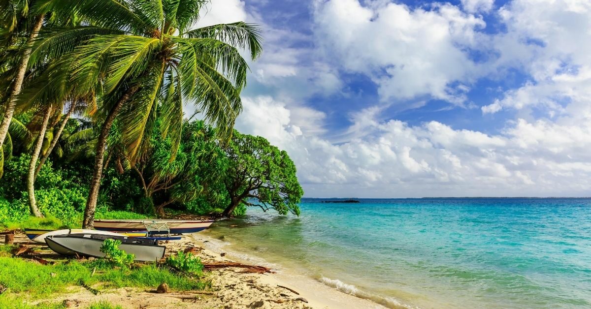 canoes on beach with palm trees and other greenery with the Pacific turquoise waters