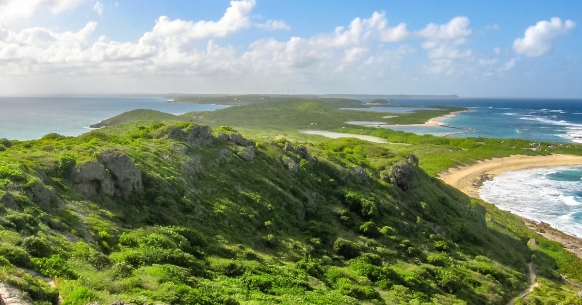 bird's eye view of cliffs, bays and beaches of Guadeloupe island with the Caribbean and Atlantic Ocean