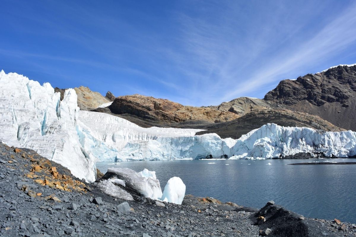 a melting glacier in the mountains on a sunny day