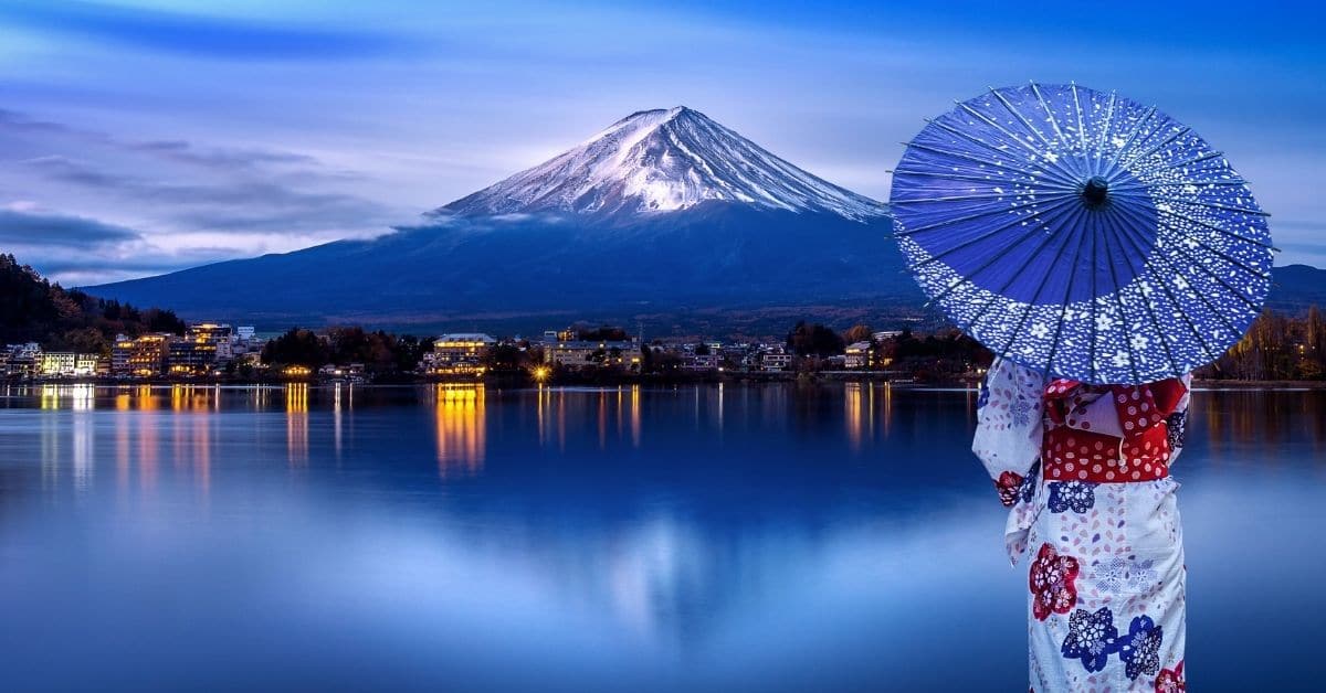 woman stands in front of lake and Mt Fuki in Kimono with umbrella