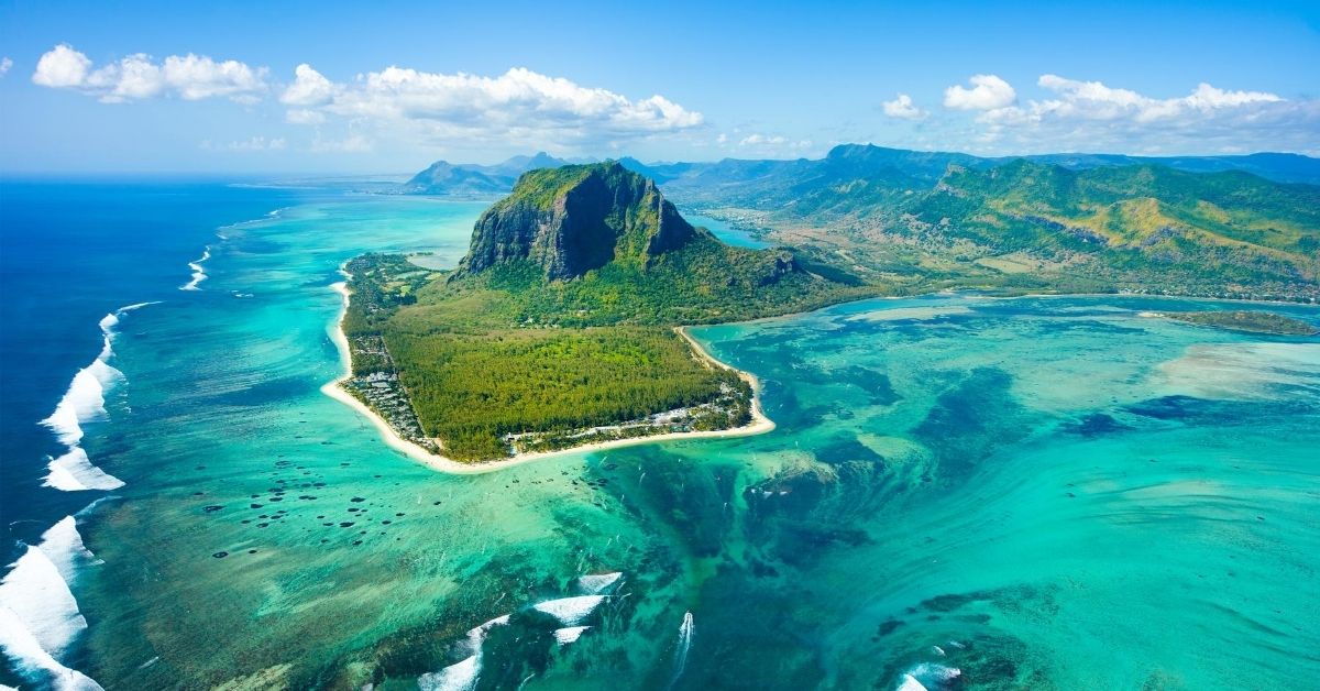 aerial view of Indian Ocean and island of Mauritius
