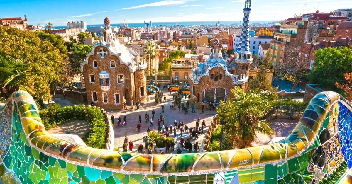 colorful view of Guell Park in Barcelona with Gaudí and art nouveau architecture