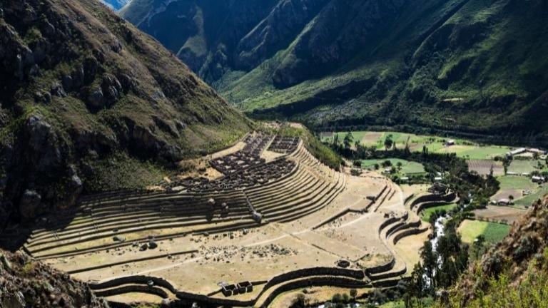 Bird's eye view of ruins in the Patallacta & Llactapata Urubamba Valley on hike to Machu Picchu