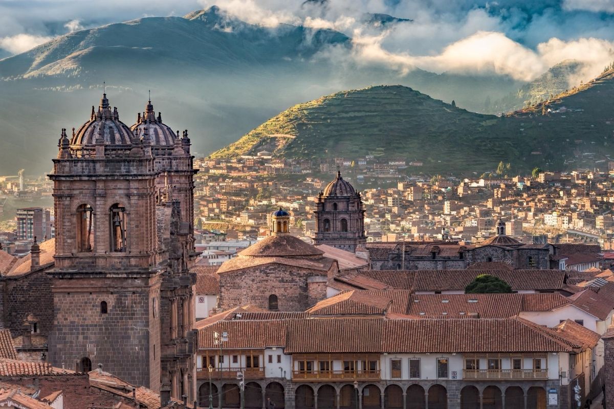 morning light over Cusco with the Plaza de Armas and mountains