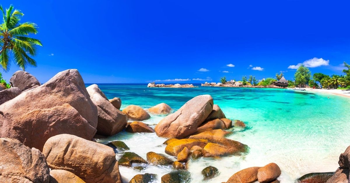turqouise and aqua waters and beach with palm trees in the Seychelles