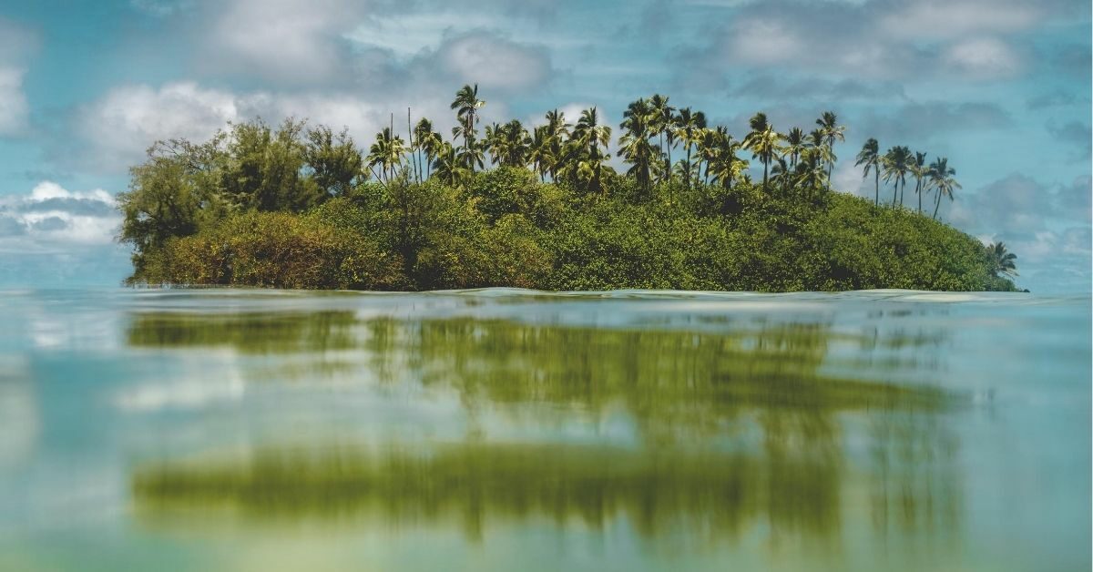 tiny tropical island with palm trees and cloudy skies