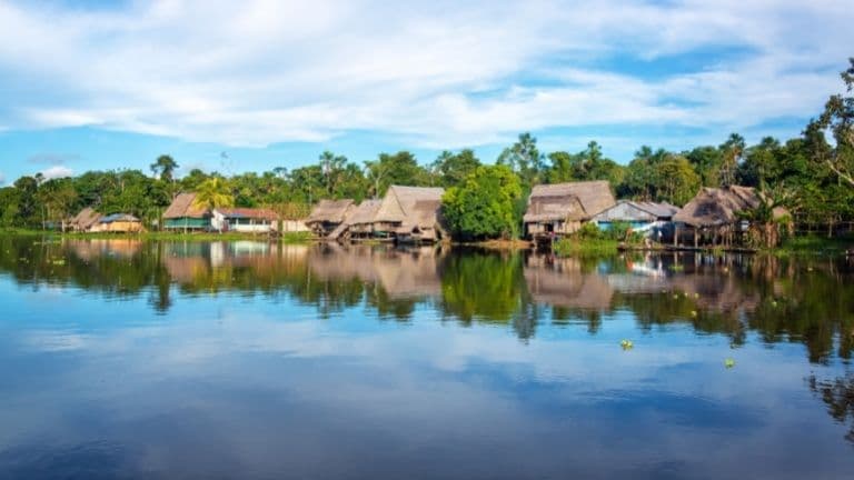 a village in the Peruvian Amazon with thatched roofs