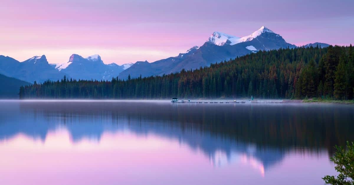 beautiful lake and mountain landscape at dusk in Jasper National Park
