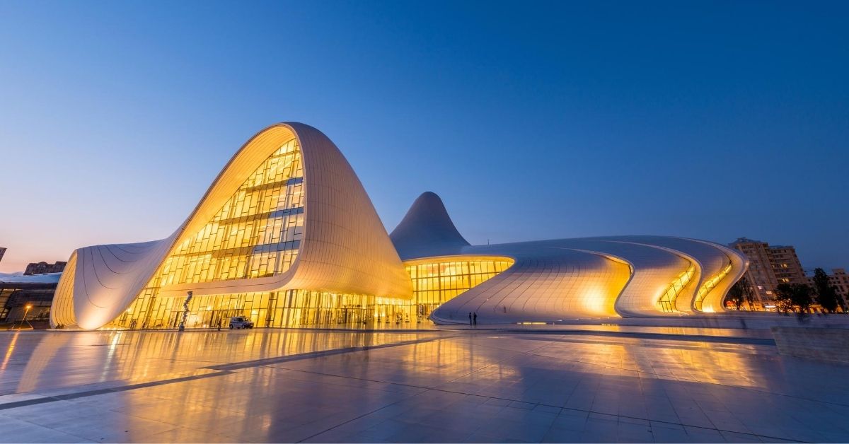 The Heydar Aliyev Center is a architectural masterpiece with curved and sweeping shapes with no sharp edges
