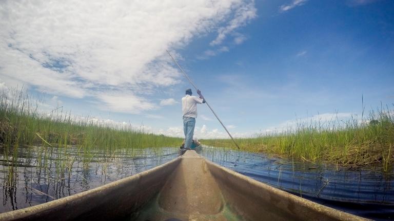 man steering a traditional mokoro through tha Okavango delta