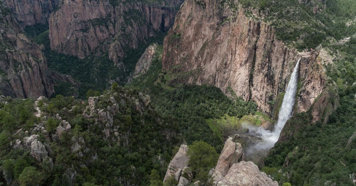 rugged deep canyon with jagged rocks and trees and a waterfall