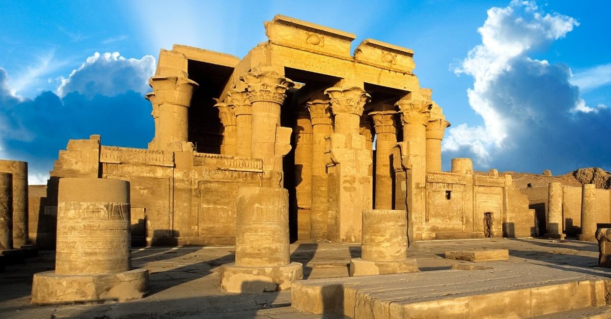 Egyptian temple of Kom Ombo with clouds and blue sky
