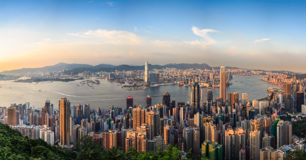 bird's eye view of Victoria harbor and Hong Kong