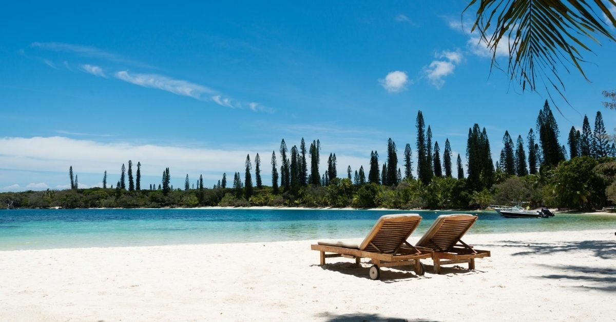 beach with loungers and pine trees in New Caledonia