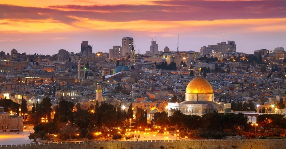 old city of Jerusalem at sunset illuminated with streetlights