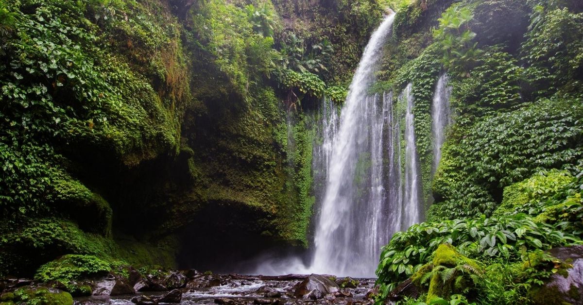 waterfall cascades down a rocky cliff covered with greenery