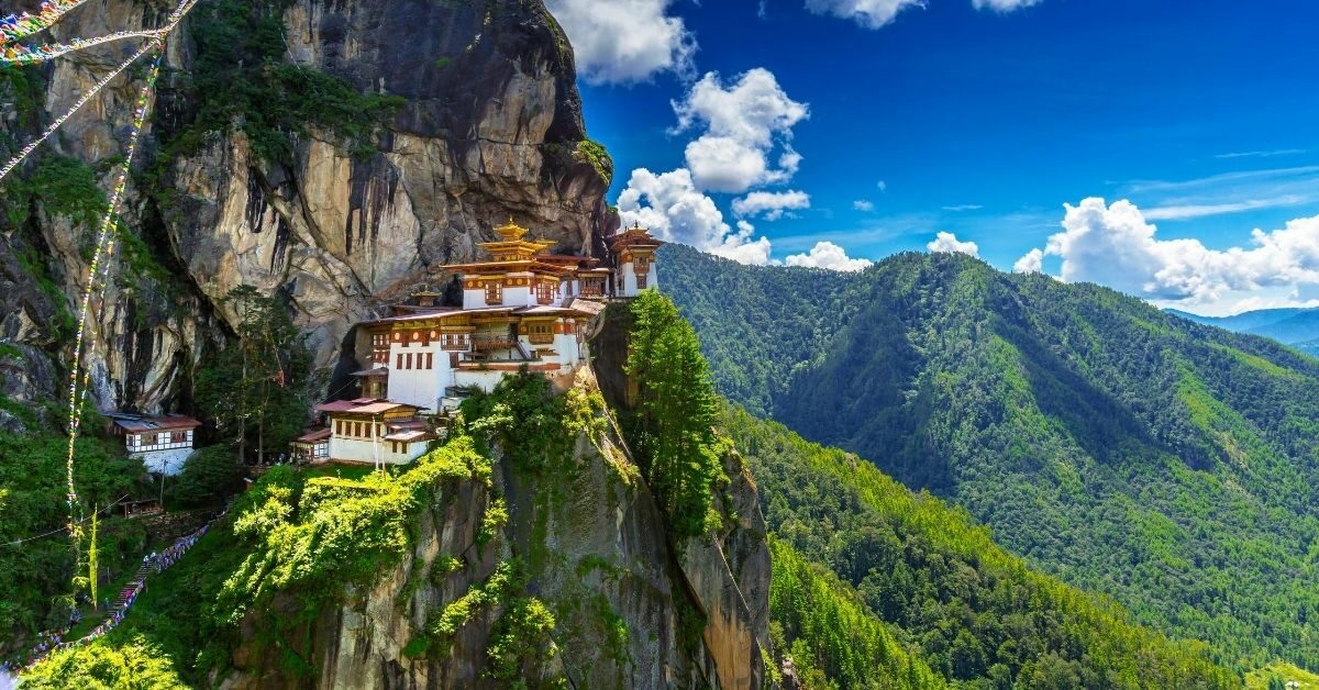 Monastery on a mountain cliff face in Bhutan