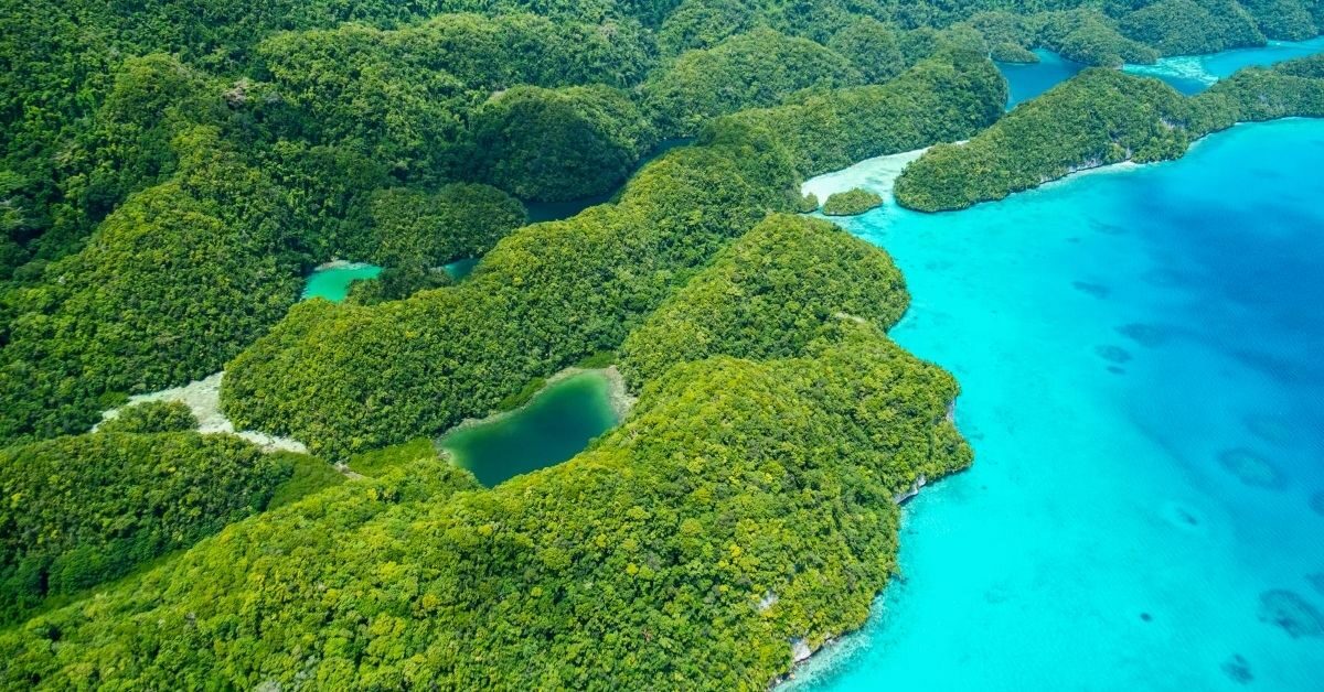 aerial view of lush green rainforest and hills with natural pools and weaving through the landscape against the aquamarine South Pacific