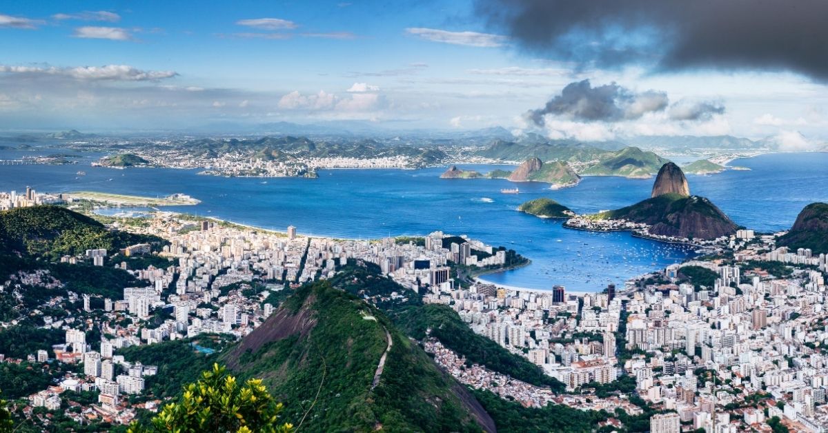 panoramic bird's eye view of the city of Rio de Janeiro with Sugar Loaf Mountain and Guanabara Bay in Brazil