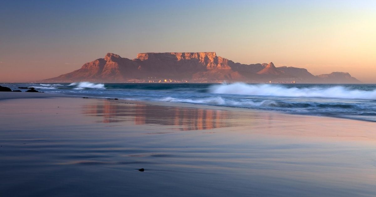 On the beach in South Africa with view to Table Mountain in Cape Town